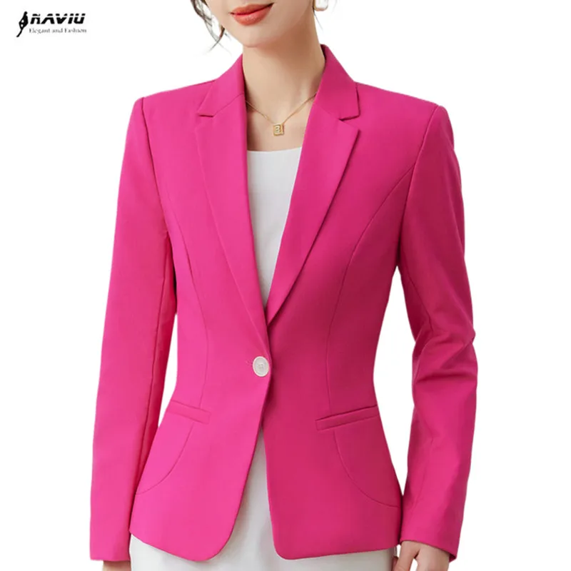 

Пиджак NAVIU женский с длинным рукавом, однотонный розовый блейзер на одной пуговице, облегающий деловой Топ для работы