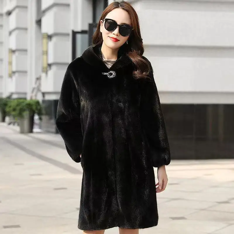 

2023 New Imitation Mink Fur Coat Women Mid-length Fur Coat Whole Mink Winter with Hooded Female Mink Fur Mink