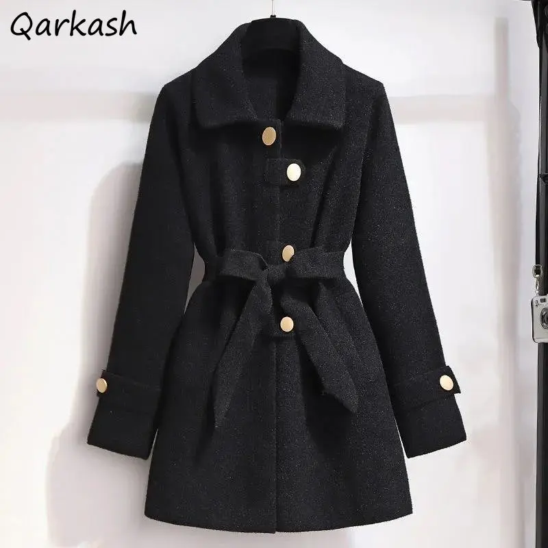 

Wool Coats Women Blends Temper Black Designer Teens Elegant College Lace-up Clothes Office Ladies European Ins Gentle Fashion