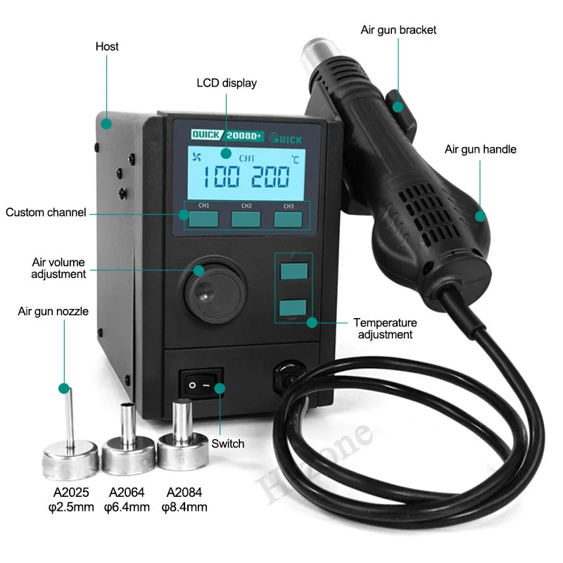 QUICK 2008D+ desoldering rework station intelligent digital display hot air gun 750W lead-free CPU motherboard repair tool
QUICK 2008D+ desoldering rework station intelligent digital display hot air gun 750W lead-free CPU motherboard repair tool