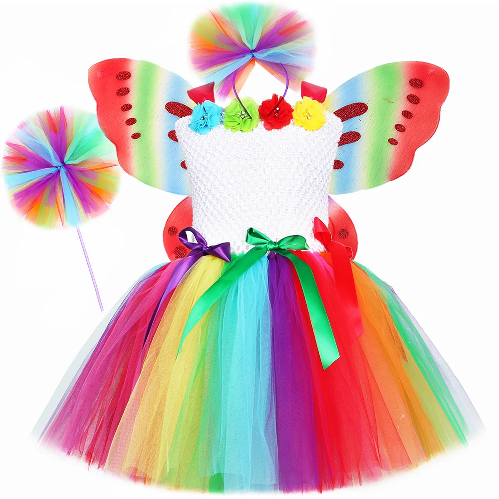 

Rainbow Pixie Fairy Costume Girls Birthday Party Fancy Tutu Princess Dress with Wings Wand Halloween Costume for Kids Clothes