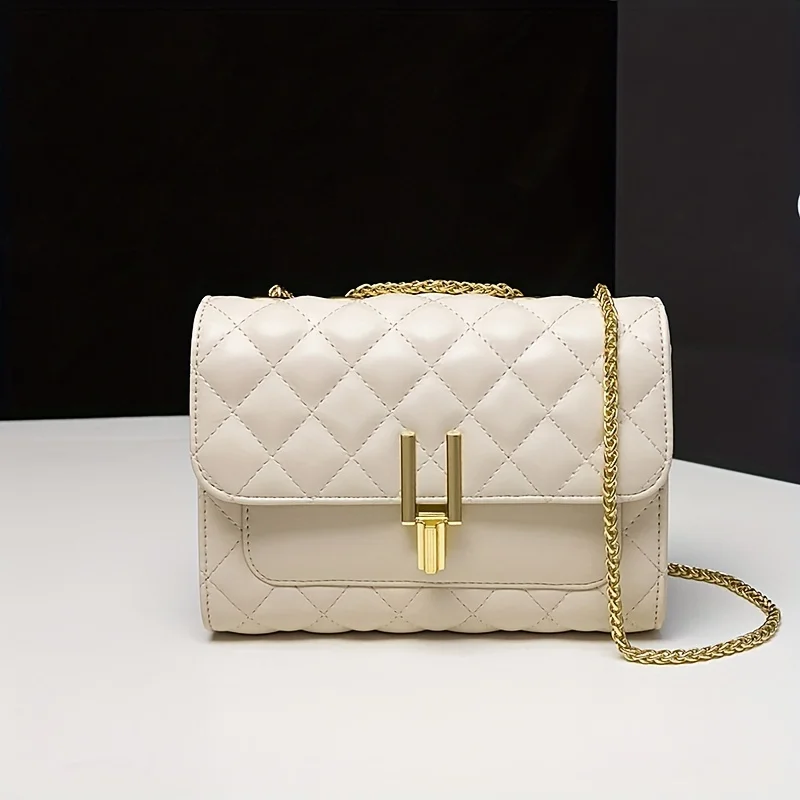 

Classic Quilted Detail Square Shoulder Bag, Solid Color Chain Flap Women's Stylish Bag