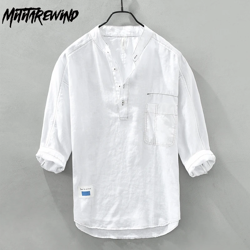 

Summer New Mens Pullover Top Fresh Stand Collar Pure Linen Casual Shirts Simple Loose Thin Breathable Three-quarter Sleeve Shirt