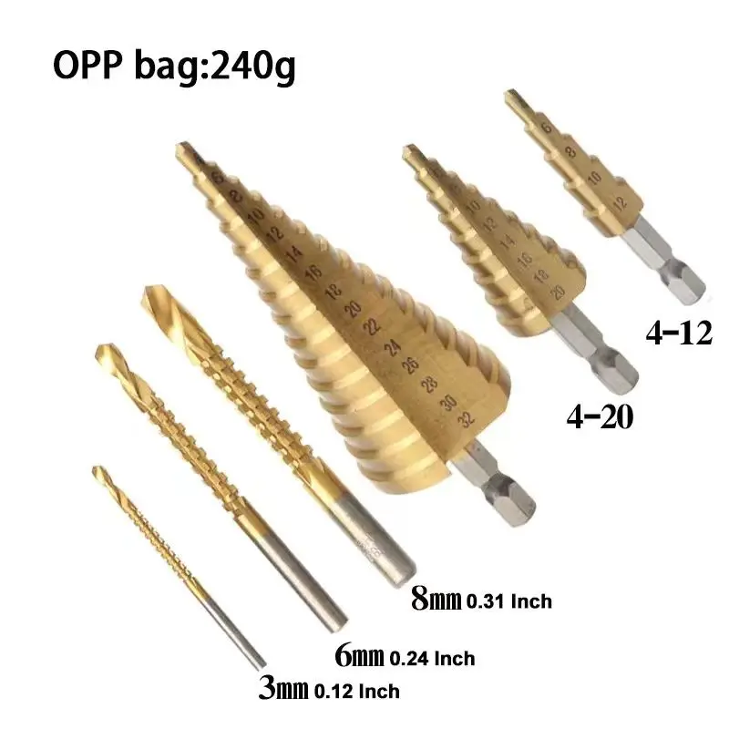 

3Pcs 3-12mm 4-12mm 4-20mm HSS Straight Groove Step Drill Bit Titanium Coated Wood Metal Hole Cutter Core Cone Drilling Tools Set