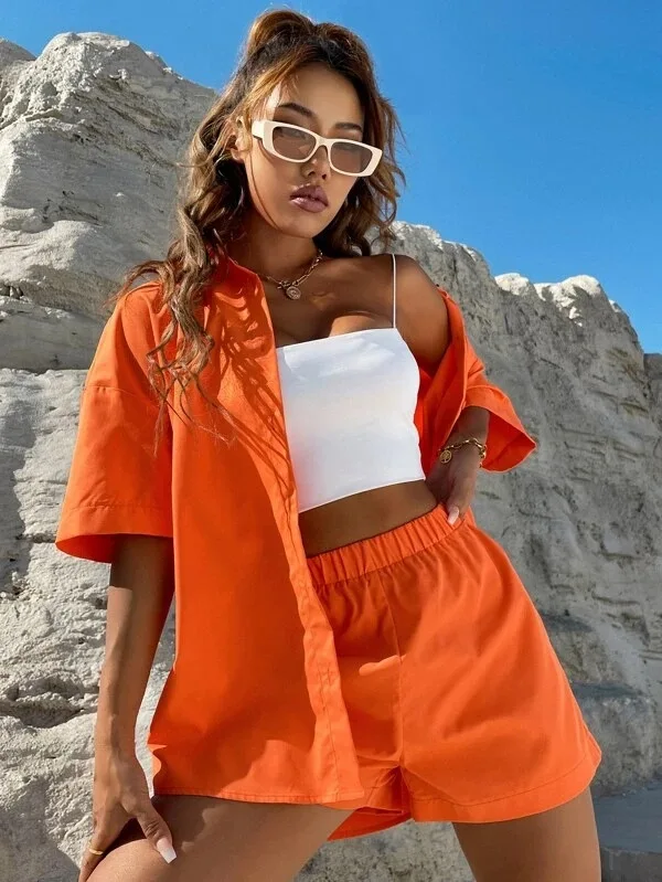 Spring/Summer Fashion Suit Solid Color Off-shoulder Shirt and Shorts Solid Color Short Sleeve Suit
Spring/Summer Fashion Suit Solid Color Off-shoulder Shirt and Shorts Solid Color Short Sleeve Suit