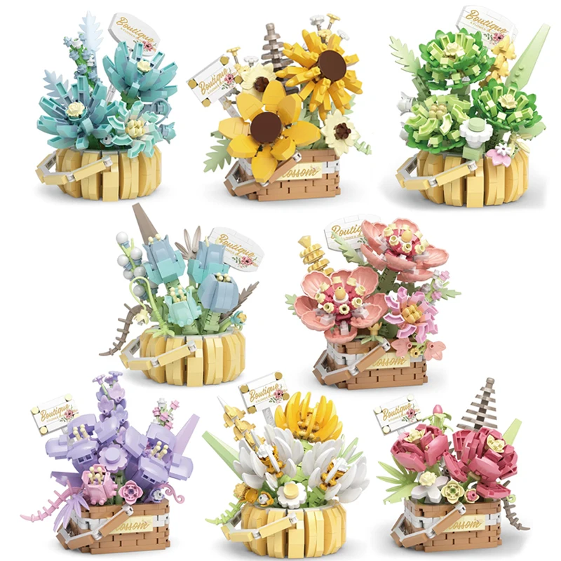 

8 Types Flower Basket Micro Building Blocks Creative Potted Bonsai Plant Bouquet Mini Bricks Decoration Toys For Children Gift