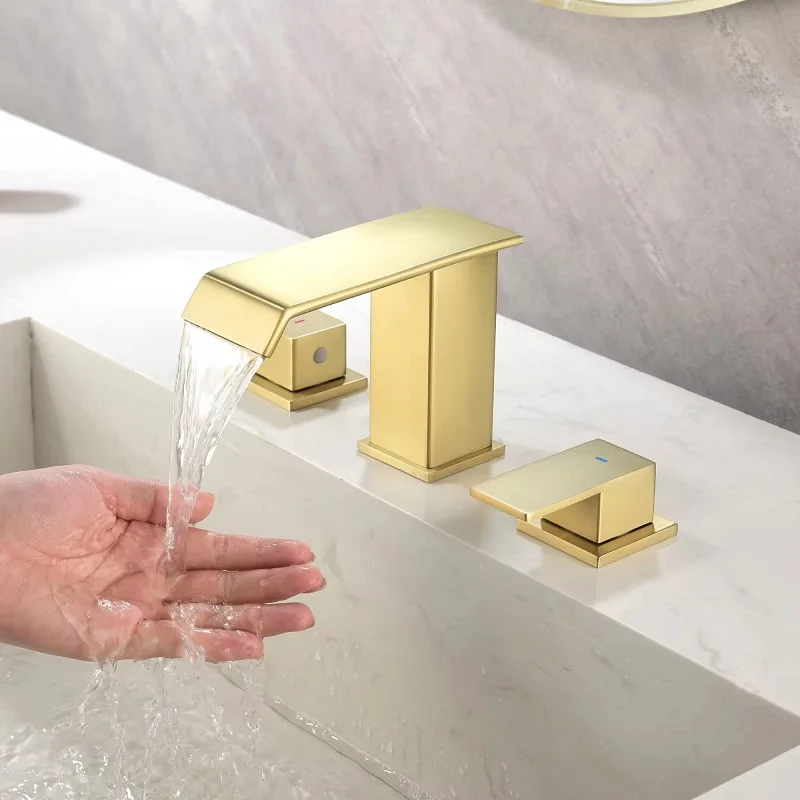 Luxury Brushed gold Brass bathroom wash basin faucet 3 hole 8 inch widespread waterfall faucet Modern Tap with pop up drainer
Luxury Brushed gold Brass bathroom wash basin faucet 3 hole 8 inch widespread waterfall faucet Modern Tap with pop up drainer