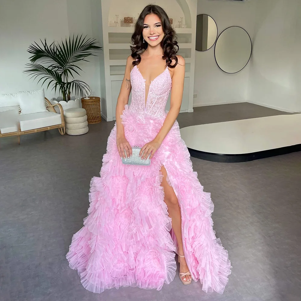 Pink V-neck Spaghetti Straps Formal Prom Dress Lace Ruffles A-line Court Prom Club Gown with SIde Slit vestidos novias boda
Pink V-neck Spaghetti Straps Formal Prom Dress Lace Ruffles A-line Court Prom Club Gown with SIde Slit vestidos novias boda