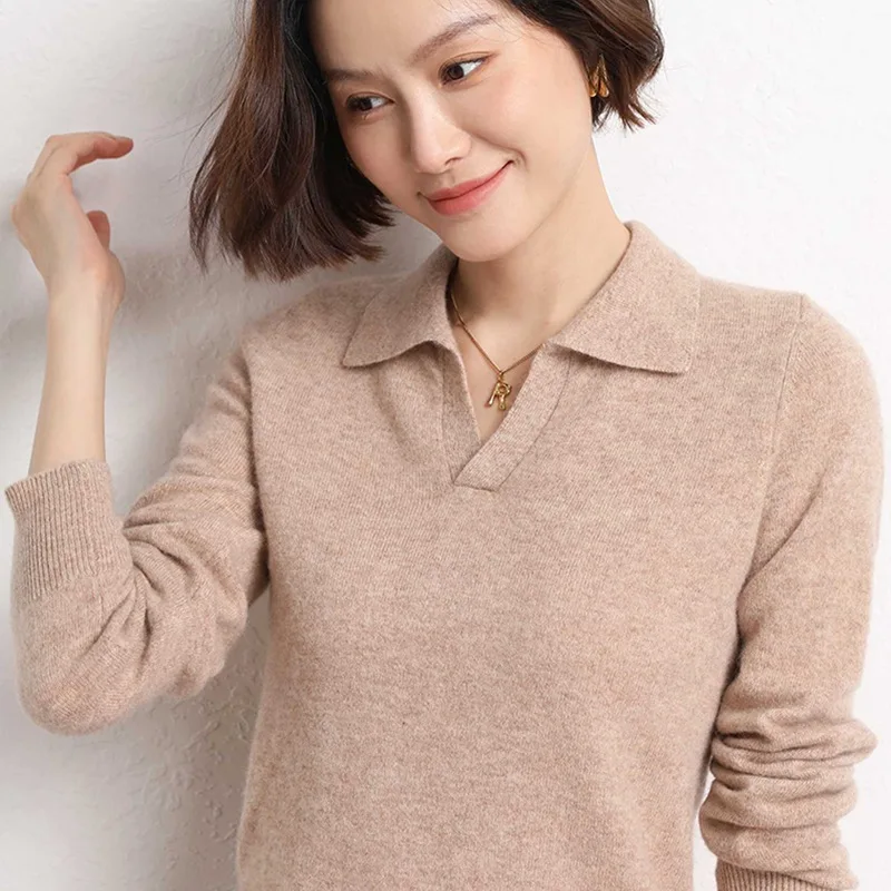 

Polo Collar Knitted Y2k Sweater Cashmere Blend Autumn Winter New Solid Color Fashion Simple Inner Slimming And Age-Reducing Top