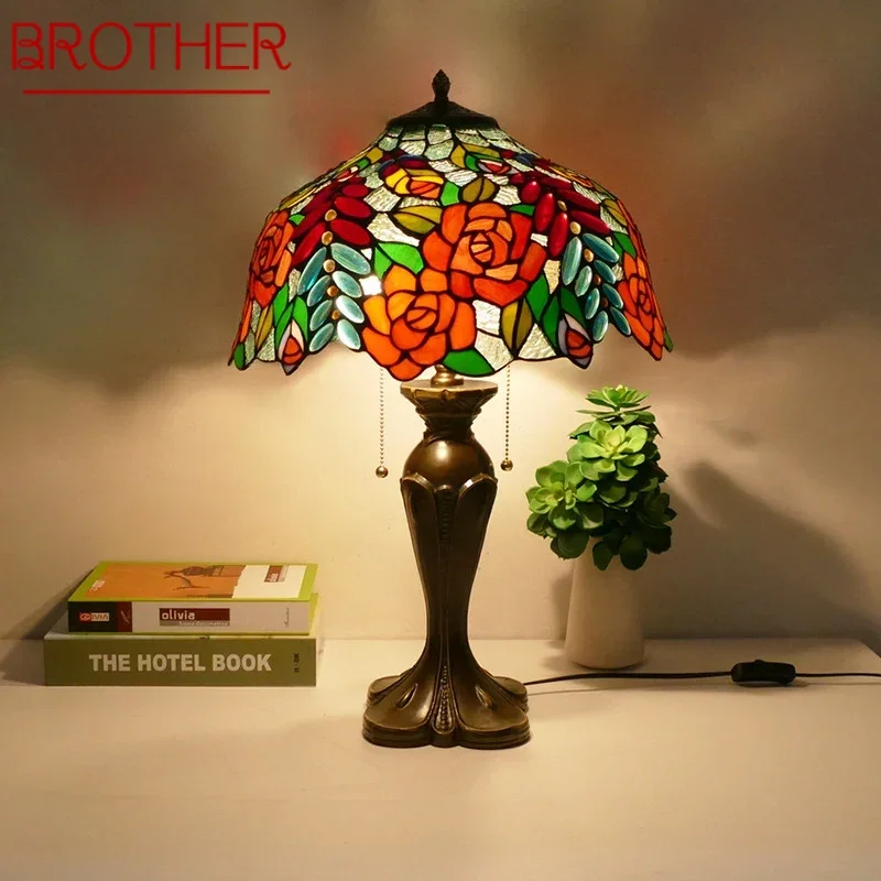 

BROTHER Tiffany Table Lamp American Retro Living Room Bedroom Lamp Luxurious Villa Hotel Stained Glass Desk Lamp