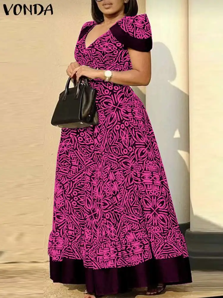 

Летнее платье-макси VONDA для женщин, богемный длинный сарафан с коротким рукавом и принтом 2024, повседневный свободный пляжный халат с V-образным вырезом