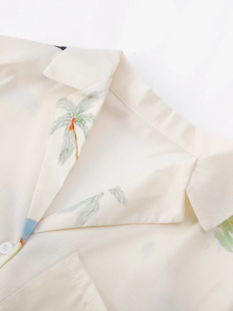 Ensemble 2 pièces imprimé plantes, fleurs, oiseaux, pour femme, tenue de vacances, manches courtes, boutonnée, col en v, top imbibé, short taille haute 5