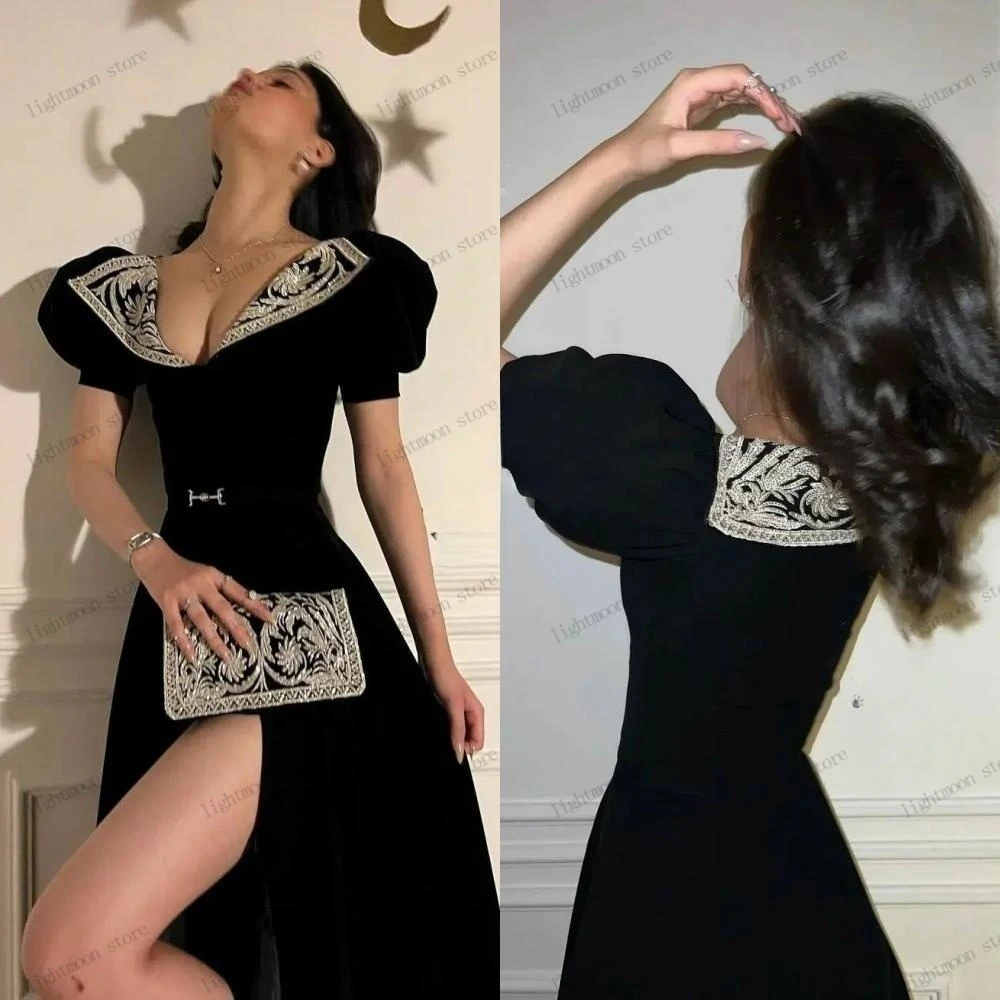 Classic Prom Dresses Simple Taffeta Evening Dress V-Neck Short Puff Sleeves A-Line High Slit Robes For Party Vestidos De Gala
Classic Prom Dresses Simple Taffeta Evening Dress V-Neck Short Puff Sleeves A-Line High Slit Robes For Party Vestidos De Gala