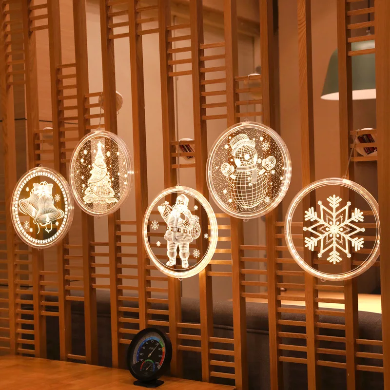 

16/24cm 3D LED Suction Cup Light Christmas Lights Elk Bells Santa Claus Snowflakes Tree Snowman Lamp for Room Window Decoration