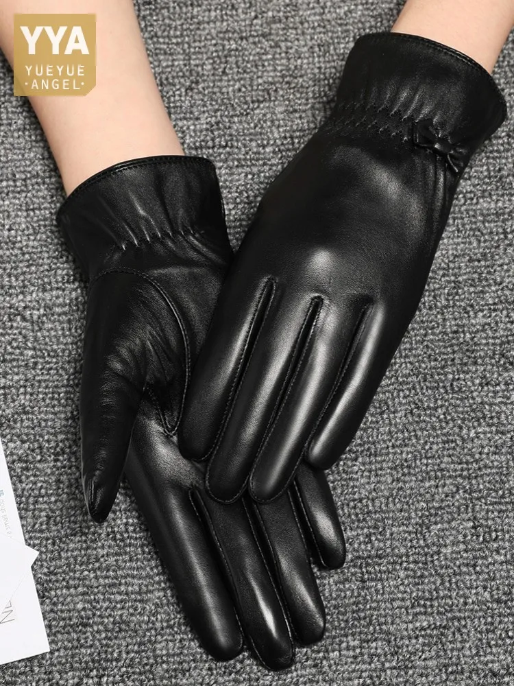 

Women Bowknot Wrist Genuine Leather Gloves Winter Windproof Warm Fleece Lining Driving Top Layer Sheepskin Gloves