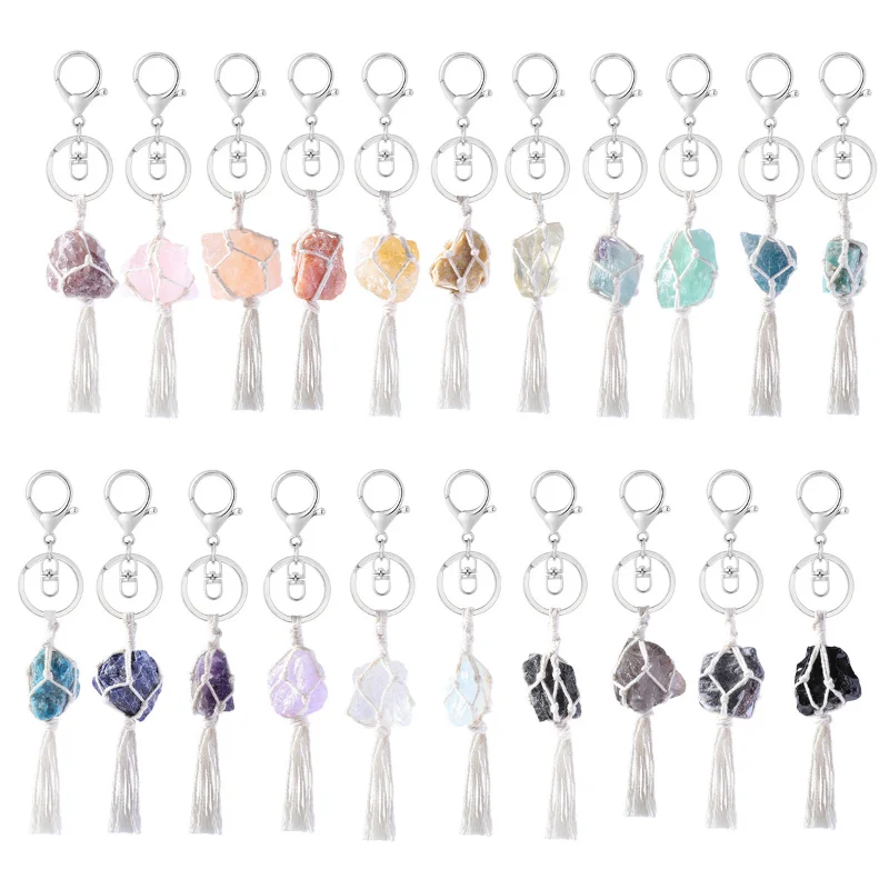 

10pcs Natural Raw Stone In Woven Net Pocket Bag Pendant Keychain Tassels Lobster Clip Clasp Key Rings Bag Charms Wholesale