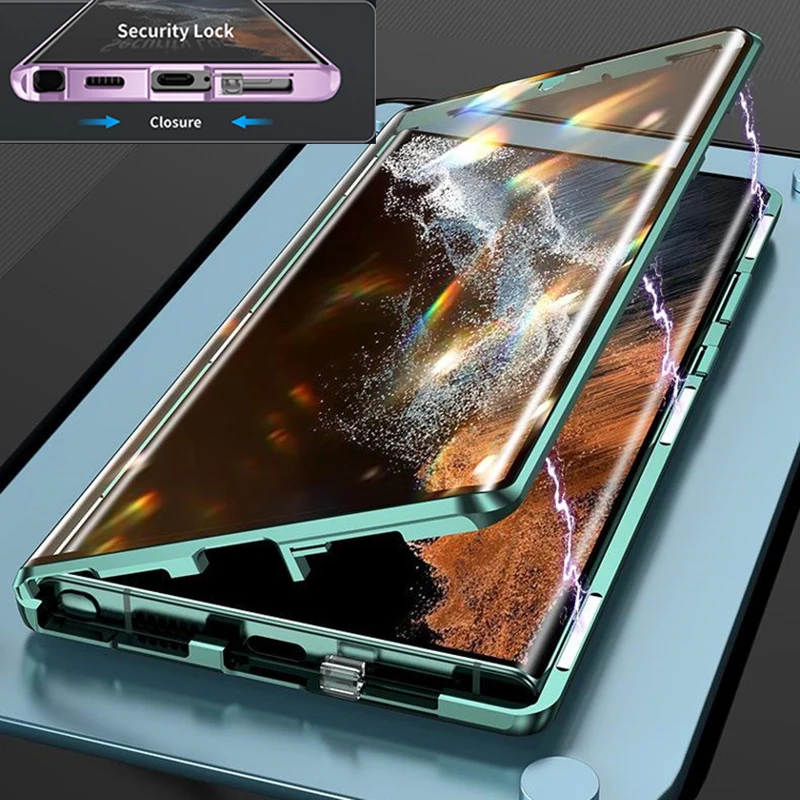 

Металлический Магнитный чехол для телефона с полной защитой, двусторонний стеклянный замок с защелкой, защитная крышка объектива, Samsung S23, S22 Ultra Plus,