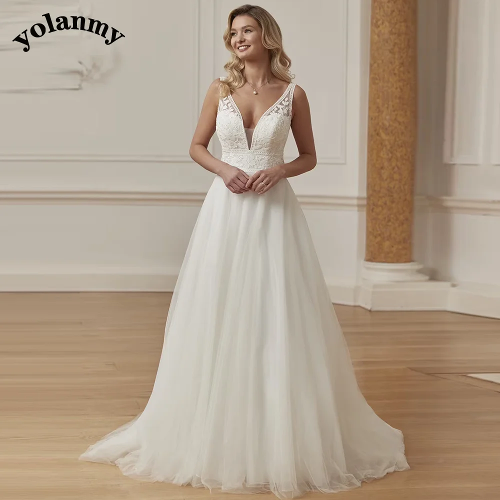 

YOLANMY Modern Wedding Dresses Backless Deep V-Neck Spaghetti Straps Appliques Chapel Train Vestido De Customised Drop Shipping