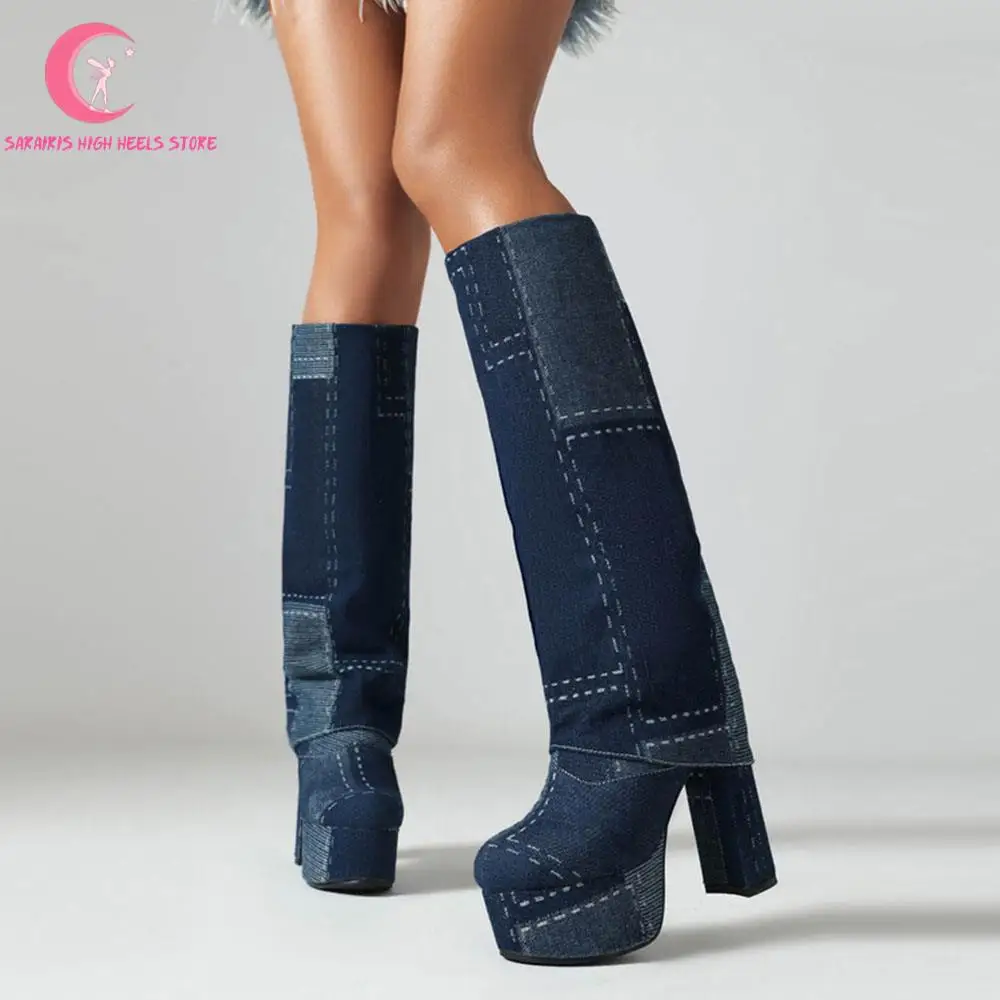 Platform Chunky High Heels Knee High Women Boots Denim Mixed Color Thick Bottom Stylish Fashion Street Style Ladies Boots Winter
Platform Chunky High Heels Knee High Women Boots Denim Mixed Color Thick Bottom Stylish Fashion Street Style Ladies Boots Winter