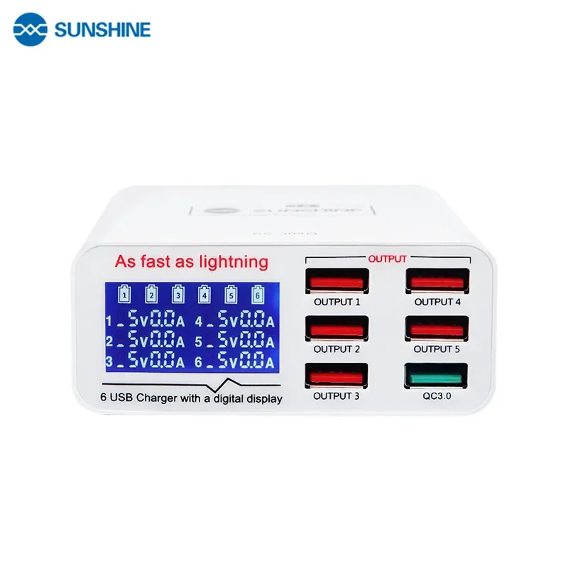 

Sunshine SS-304Q USB Smart Lightning Charger Digital Display 6 Port 2.4A Fast Charging Tools Intelligence QC 3.0 Compatibility