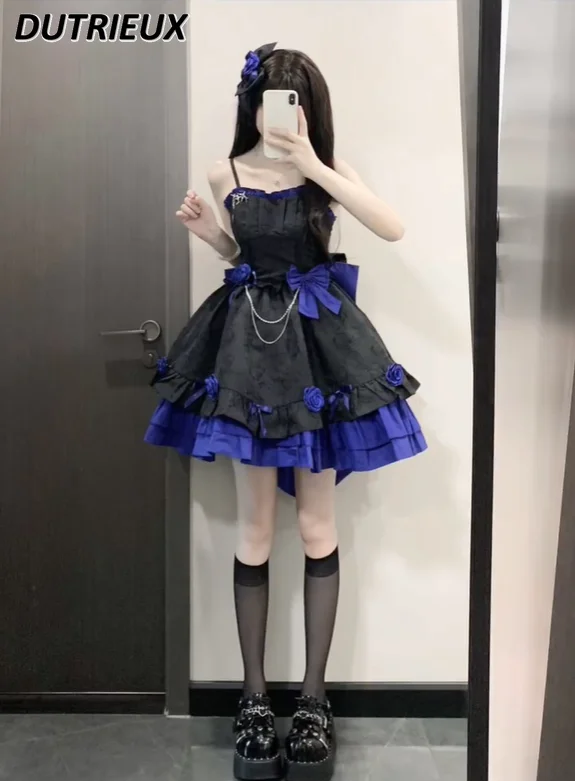 

Blue and Black Gothic Style Lolita Sling Dress for Women JSK Romantic Heavy Industry Puffy Girls Princess Short Strap Dress
