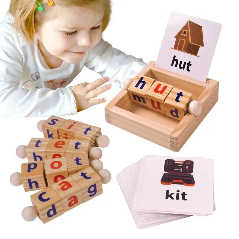 

Креативные детские деревянные блоки для чтения, обучение правописанию, основные слова и буквы Vowel, вращающаяся игрушка, игры для правописания и стимуляции CVC