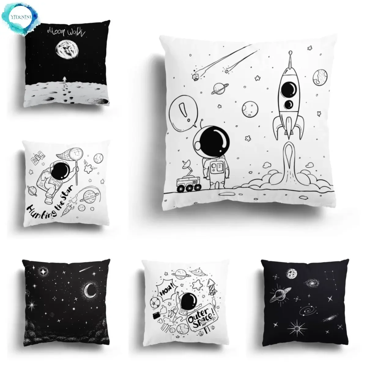 

Home Sofa Cushion Cover Cartoon Pattern Pillowcase Fashion Black and White Star Astronaut Plush Pillowcase