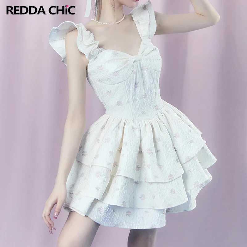 

REDDACHiC Kawaii Fly Sleeves Puffy Mini Dress for Women Textured Bow Sweetheart Neck Floral Print Layered Ruffle Cake Miniskirt