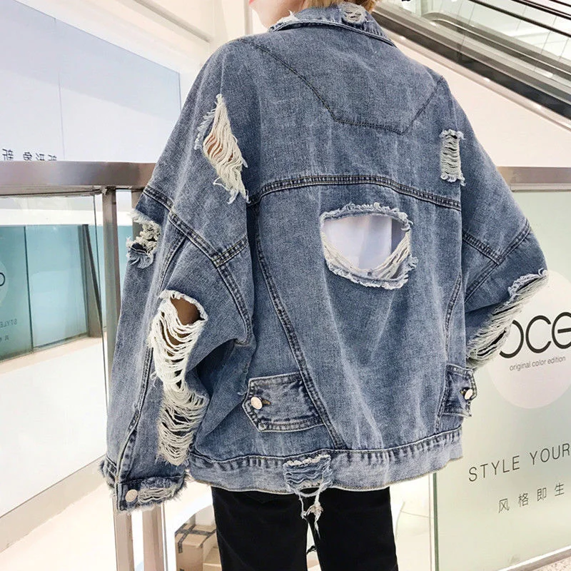 

Jeans Jakcet Coat Men Blue Ripped Hole Denim Jackets Male 2023 Summer Autumn Men Clothing Streetwear Casual Regular Jean Coat