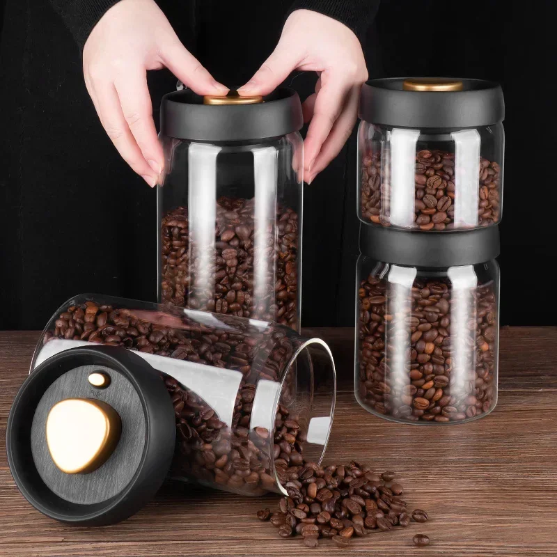 

New Vacuum Sealed Jug Coffee Beans Glass Airtight Canister Food Grains Candy Keep Fresh Storage Jar Kitchen Accessories Jars