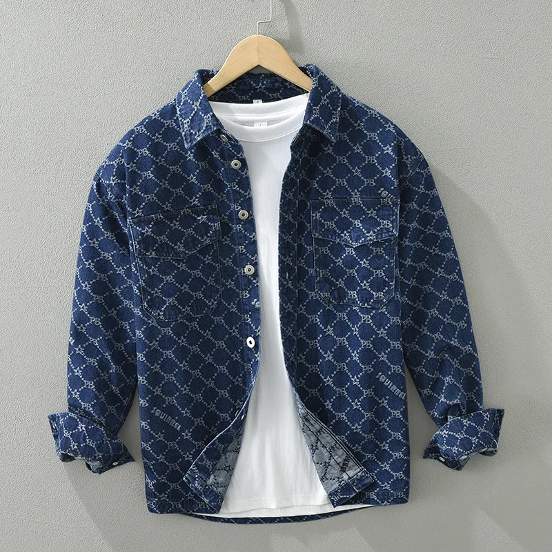 

Japan Style Retro Check Washed Cotton Denim Shirt for Men 2024 Spring Fashion Loose Blouses for Youth Male Handsome Casual Coats