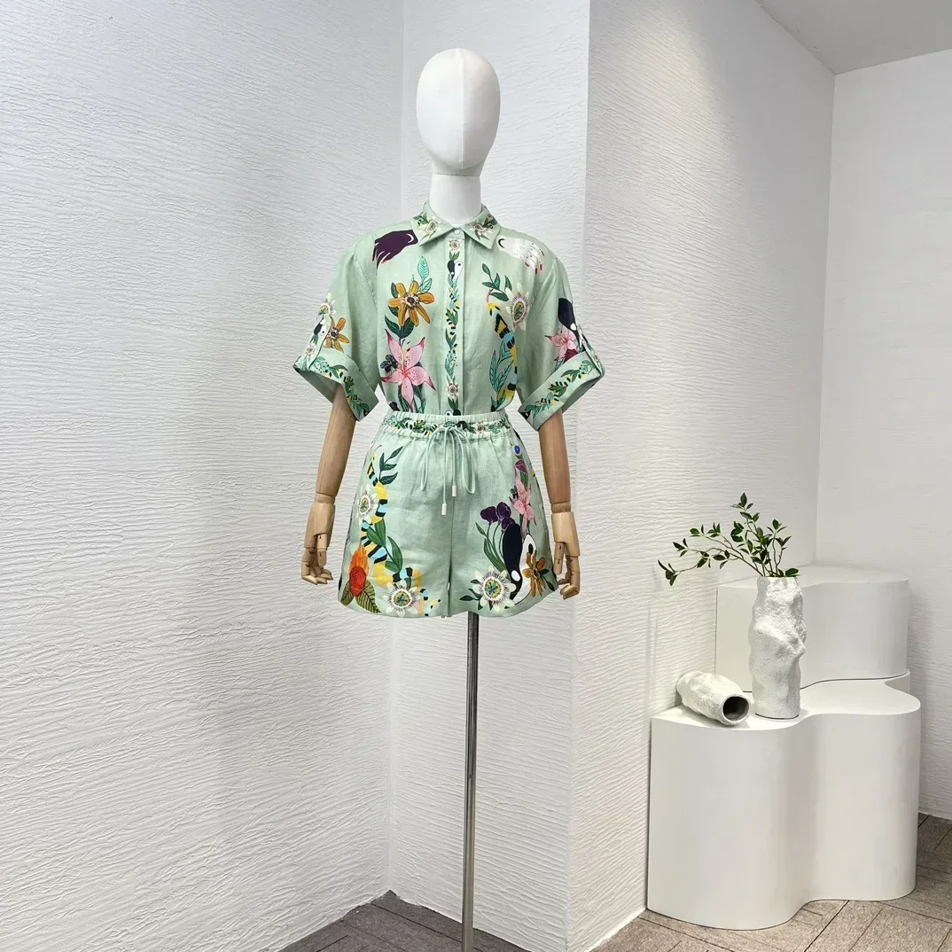 

Flax Light Green High Quality Casual Floral Print Short Sleeve Blouse and Drawstring Elastic Shorts Set for Women