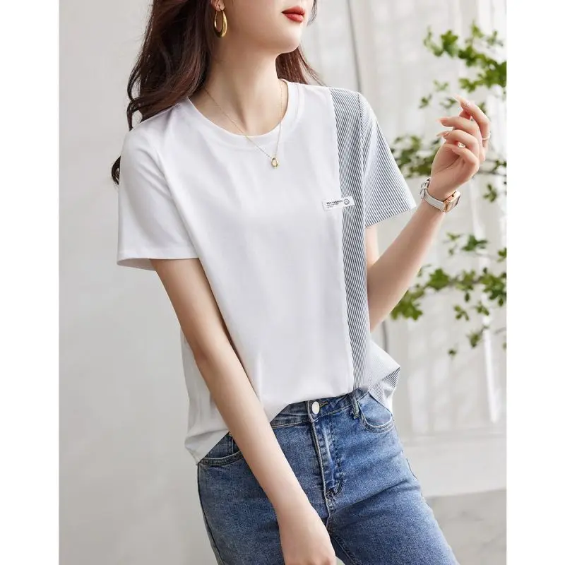 

Spliced Stripe Short Sleeve T-shirt for Women's 2023 Summer New Casual Fashion Round Neck Versatile Asymmetric Tops