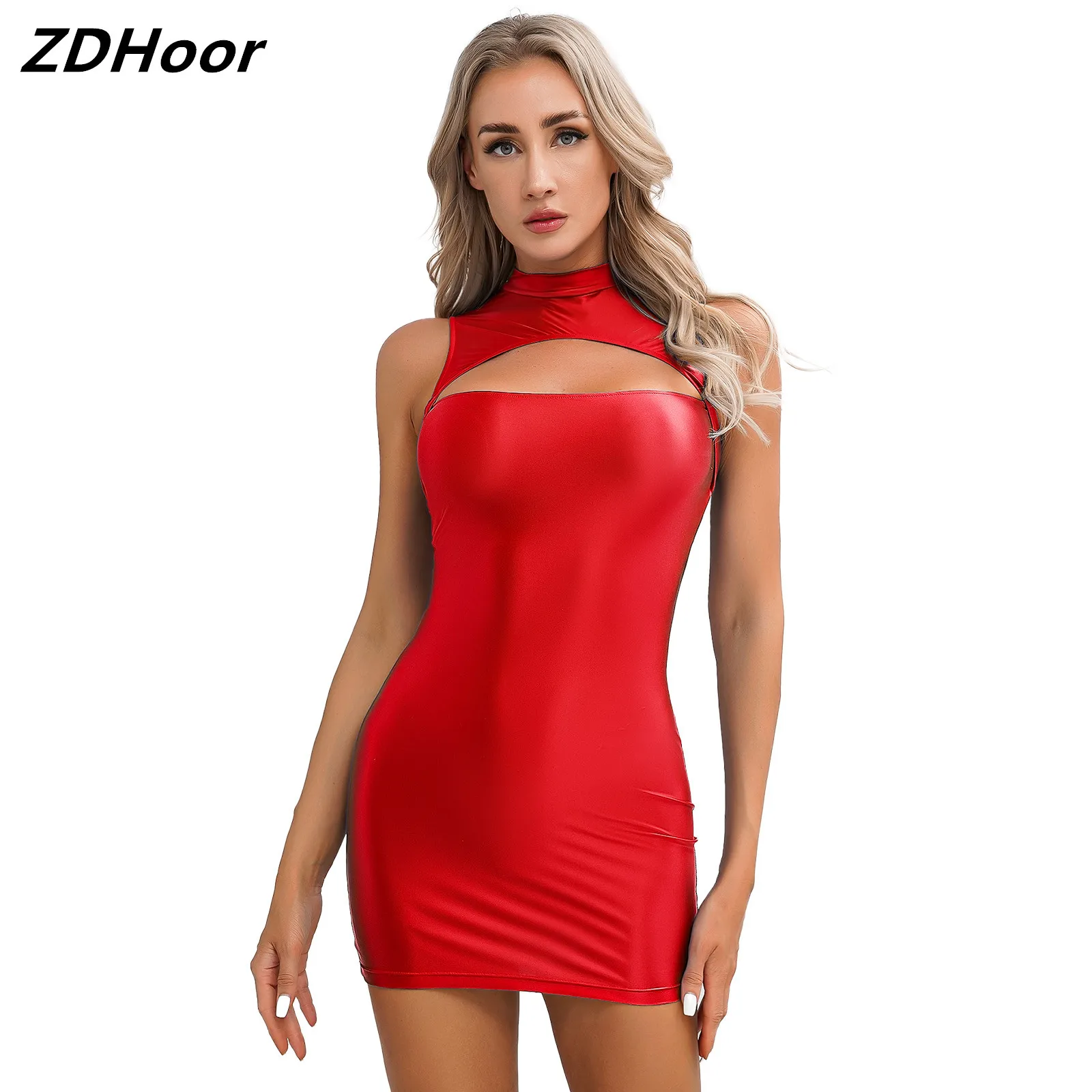 

Women Pencil Dress Smooth Cutout Front Solid Color Glossy Mock Neck Sleeveless Bodycon Dresses for Nightclub Pool Party