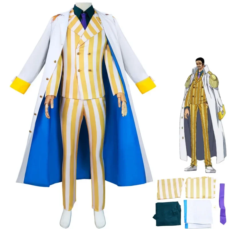 

Anime Borsalino Cosplay Kizaru Costume Admiral Uniform Yellow Stripe Suit Man Carnival Halloween Carnival Set