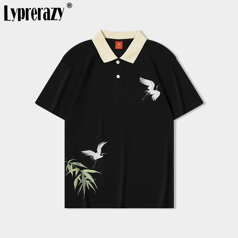

Lyprerazy Chinese Style Crane Embroidery POLO Shirt Men Short Sleeve Large Size National Tide Lapel Paul Shirt Top