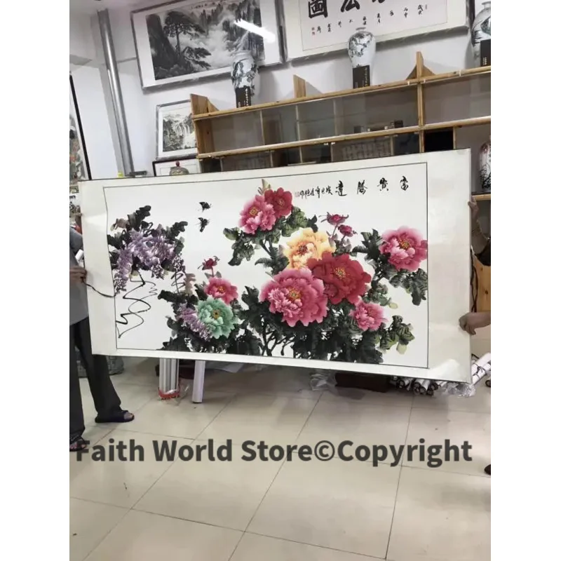 

200CM large Huge -hall Lobby HOME company WALL Asia Decorative painting Rich Peony Flowers FENG SHUI chinese silk painting art
