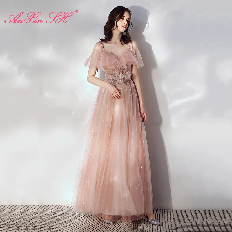 

Розовое кружевное вечернее платье принцессы AnXin SH, винтажное праздничное вечернее платье на бретелях-спагетти с бусинами и жемчугом, сверкающее вечернее платье на шнуровке для невесты