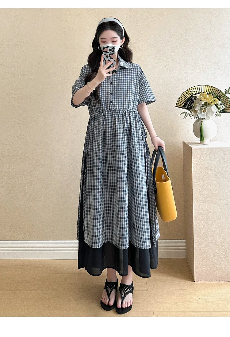 Summer Maternity Dress: Fashionable Checkered Fake Two-Piece Shirt Dress - Stylish & Comfortable Pregnancy Wear for Trendy Moms 4 S932c105a55f149d1a16d022e432b7ac3u