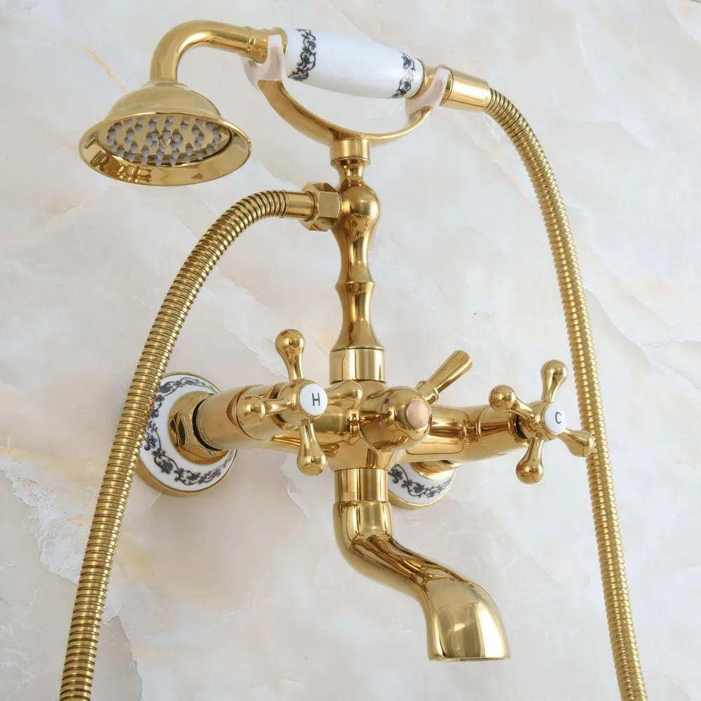 Luxury Golden Brass Double Handle Wall Mounted Bathroom Bath Tub Faucet Set with 1.5M Hand Held Shower Spray Mixer Tap 2na849
Luxury Golden Brass Double Handle Wall Mounted Bathroom Bath Tub Faucet Set with 1.5M Hand Held Shower Spray Mixer Tap 2na849