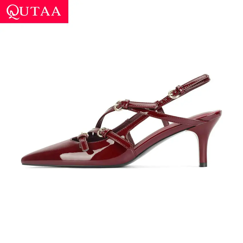 

QUTAA 2024 Women Patent Leather Sandals Thin High Heels Party Wedding Shoes Woman Prom Pumps Slingbacks Summer Shoes Size 34-43