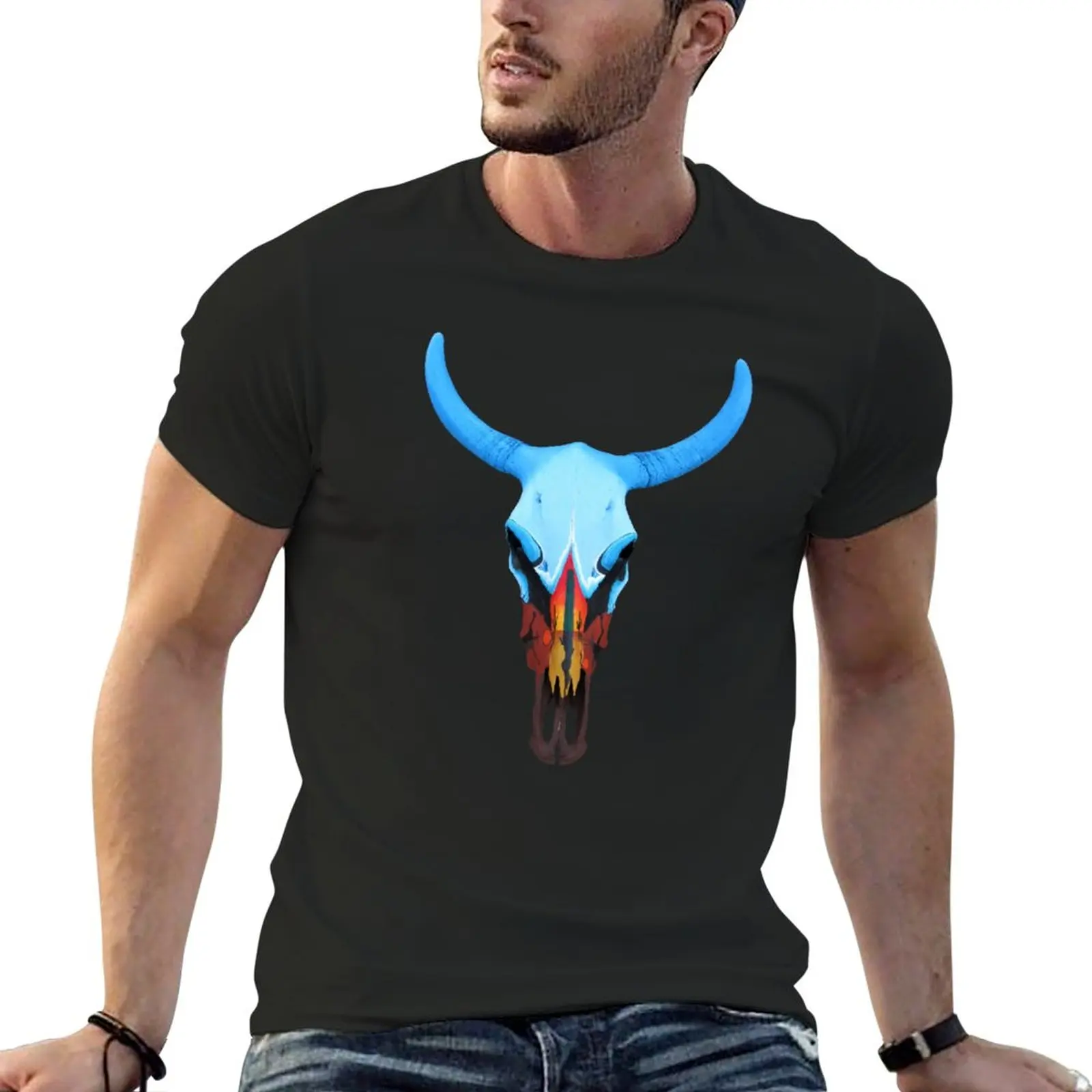 

New BAJA VIBES - Painted Bull Skull T-Shirt Oversized t-shirt tops summer top men t shirt