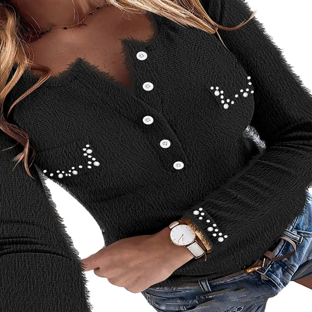 

Women Tops Slim Stretchy Blouse Buttoned Half Placket Beaded Long Sleeve Solid Color Skinny Tee Top