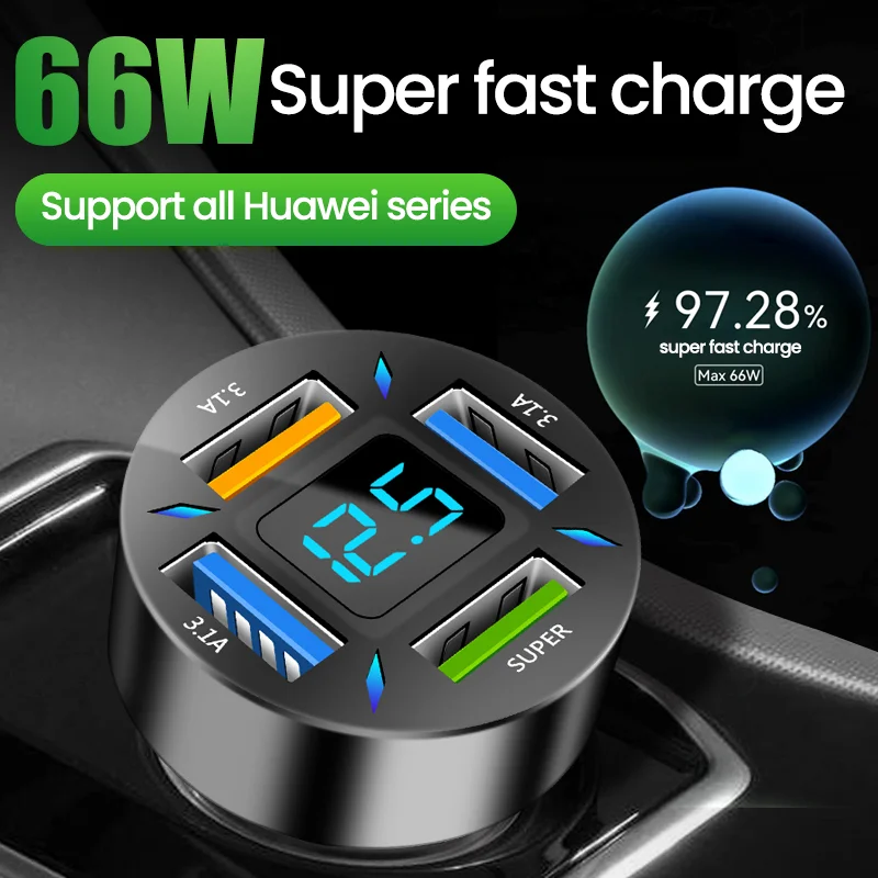 

66W USB Car Charger 4 Ports Cigarette Lighter Fast Charging PD Quick Charge 3.0 USB C Car Phone Charger Adapter