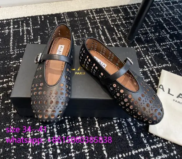 

ALAÏA New Season Vienne laser-cut leather ballet flats Adjustable buckle-fastening strap Ladies fashion designer loafer shoes
