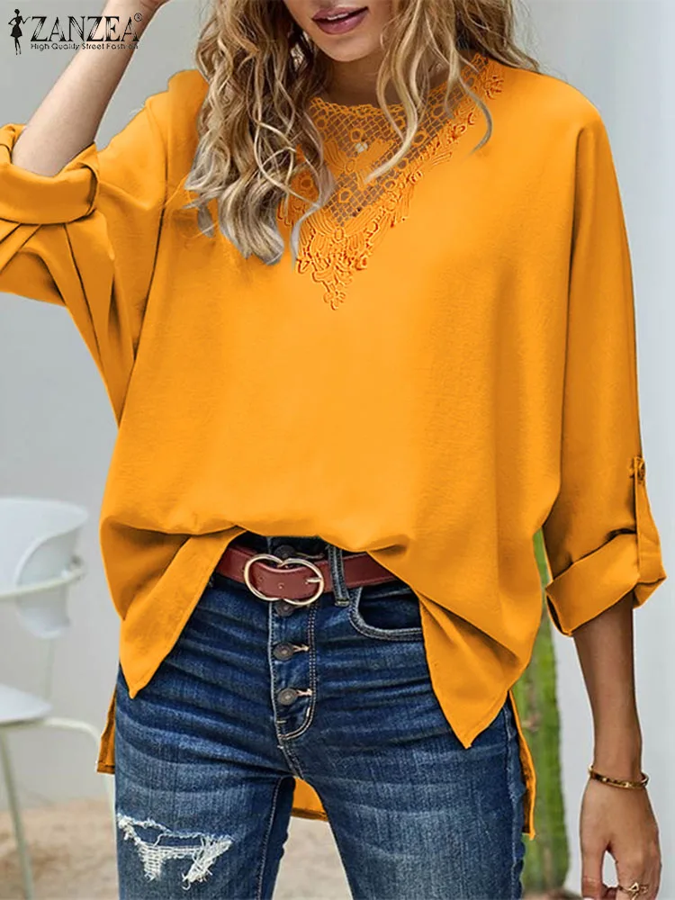

ZANZEA Casual Loose Solid Color Blouses Fashion Women Lace Trim O Neck Top Long Sleeve High-low Tops 2023 Spring Side Slit Blusa