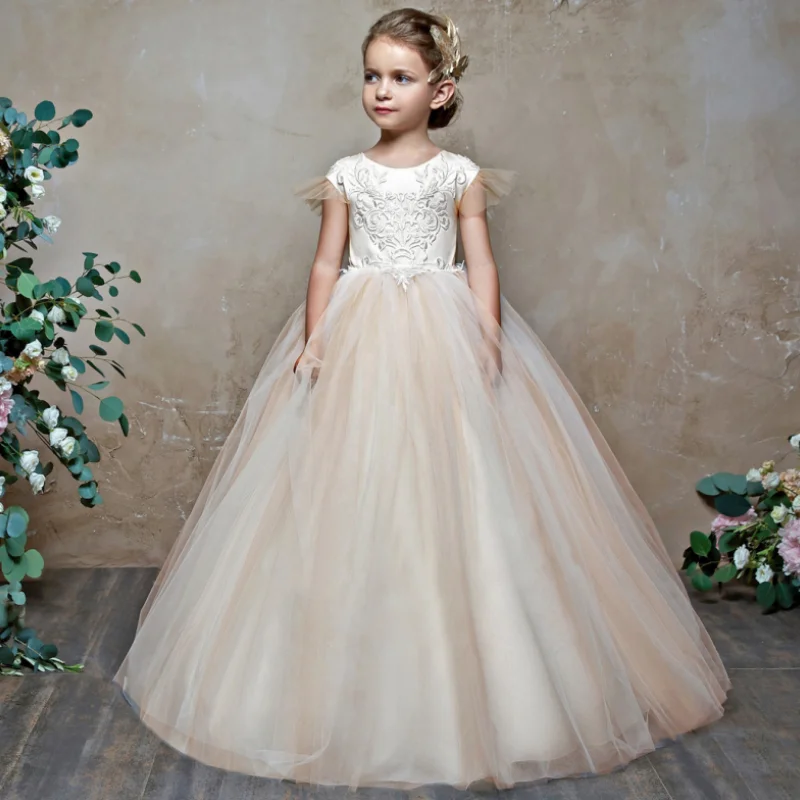 

Flower Girl Dresses Champagne Puffy Pearl Lace Appliques Bow With Trailing For Wedding Birthday Party First Communion Gowns