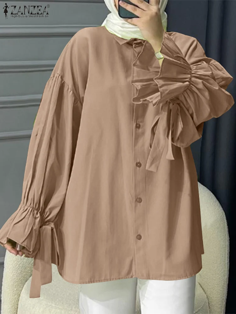 

ZANZEA Autumn Elegant Flare Sleeve Muslim Shirt Woman Lapel Neck Solid Color Tops Casual Flounce Hem Blouse Elegant Blusas Mujer