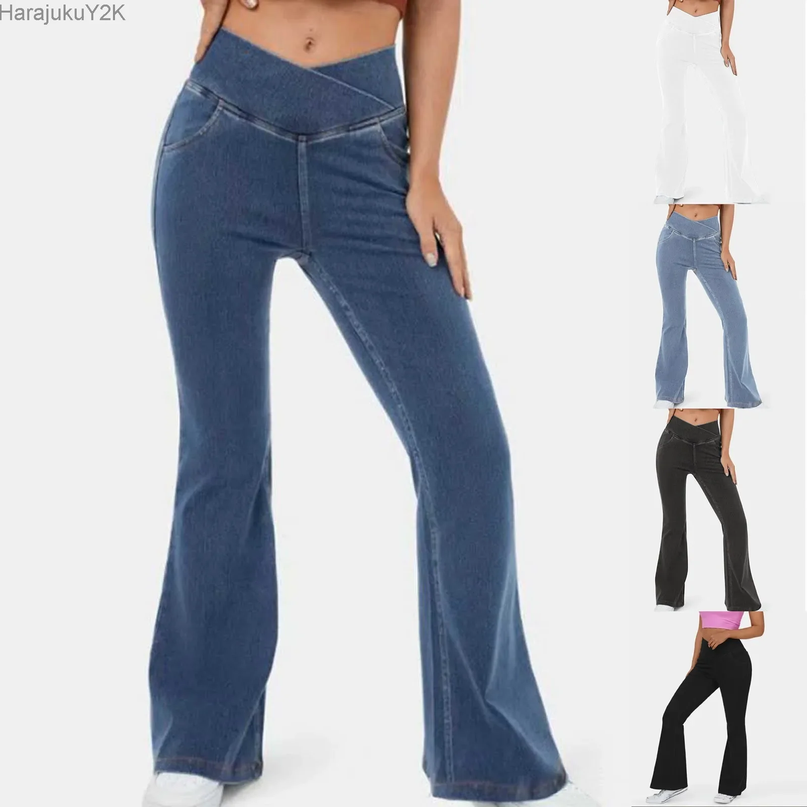 

Женские расклешенные джинсы, джинсовые джоггеры с эластичным поясом, Стрейчевые джинсы на шнуровке, корейские модные брюки, японская одежда Y2k для женщин