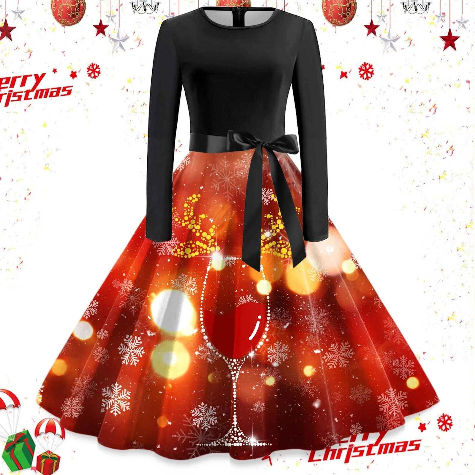 

2023 Winter Christmas Dresses Women 50s 60s Vintage Robe Swing Pinup Elegant Party Dress Long Sleeve Casual Print Black Robe